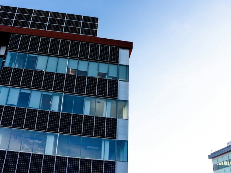 Modern commercial building with integrated solar panels