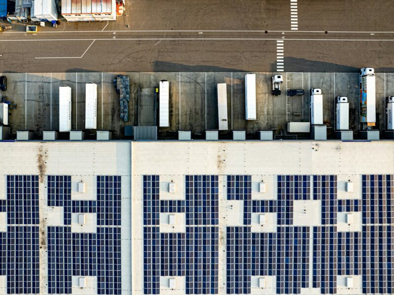 Rooftop solar panels on a commercial logistics warehouse